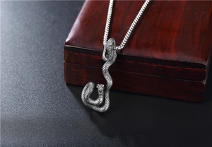 Detailed macro shot of vintage silver snake pendant with intricate scales on box chain