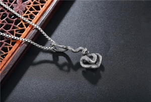 Detail of vintage silver snake pendant with intricate scales on a steel box chain