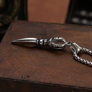 Vintage stainless steel Buddhist vajra pestle necklace for men in antique silver finish