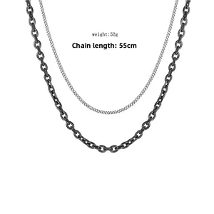 Industrial double layered chain necklace, black and silver steel, weight 52g, length 55cm