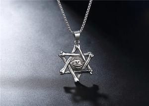 Macro shot of gothic punk hexagram pendant with all-seeing eye detail and box chain