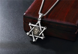 Macro detail of vintage stainless steel All-Seeing Eye hexagram pendant with bone elements