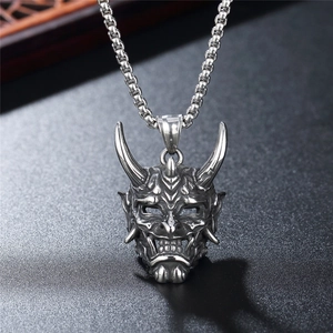 Vintage silver Hannya Oni mask pendant necklace with box chain for men in punk style
