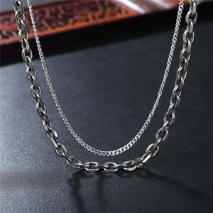 Double layered silver chain necklace with thick oval links and fine curb chain for unisex style
