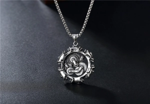 Macro view of industrial steampunk gear pendant with intricate vintage steel details