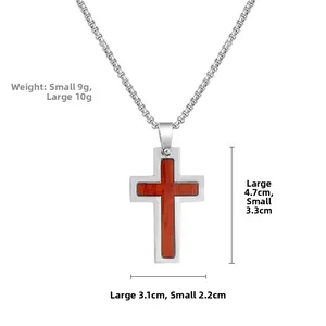 Detail of wooden cross pendant in stainless steel frame with size and weight specs