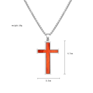 Detail showing dimensions of the religious wood and stainless steel cross pendant