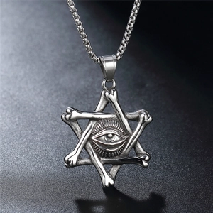 Vintage stainless steel Eye of Providence hexagram star bone necklace with box chain