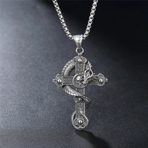 Vintage stainless steel cross necklace with dragon and skull pendant on box chain