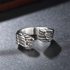Retro vintage angel wing feather open ring in polished silver stainless steel finish