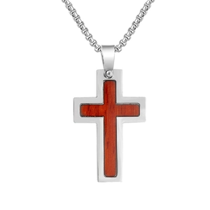 Vintage Stainless Steel Wood Inlay Cross Pendant Necklace Religious Fashion Jewelry For Men Women Daily Accessory Gift
