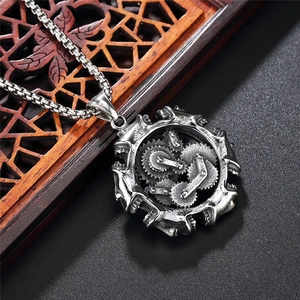Retro steampunk mechanical gear tire pendant necklace in vintage silver finish with box chain