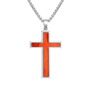 Polished stainless steel cross pendant necklace with brown wood inlay and box chain links