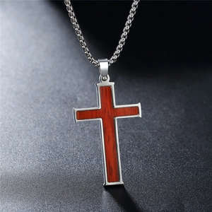 Men's stainless steel box chain necklace with a wood inlay cross pendant in silver finish