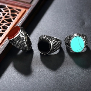 Bagues chevalières rétro en acier inoxydable pour hommes avec agate, obsidienne et turquoise