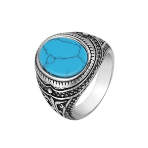 Bague Vintage en Acier Inoxydable pour Hommes Incrustée de Turquoise Bleue Pierre Noire Motif Sculpté Gothique Bijoux Ethniques