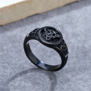 Vintage viking triquetra ring in black matte titanium steel for men with celtic knots