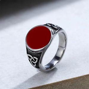 Retro Nordic Viking ring in matte silver with red stone and Celtic knot side carvings
