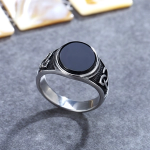 Retro Nordic Viking stainless steel ring for men with black stone and Celtic knot details