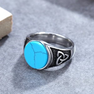 Vintage Viking stainless steel ring with sky blue gemstone and Celtic knot relief