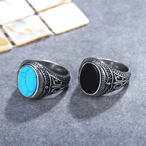 Bagues vintage pour hommes en acier inoxydable avec turquoise et onyx noir style rétro