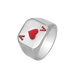 Vintage Titanium Steel Ace of Hearts Poker Card Signet Ring For Men Red Enamel Geometric Band Ring Fashion Accessory