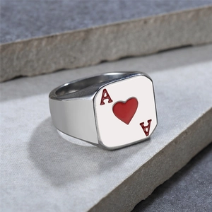 Men's Ace of Hearts poker signet ring in silver stainless steel on stone background