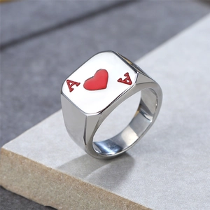 Polished silver stainless steel square ring featuring a red Ace of Hearts poker design