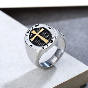 Men's retro punk titanium steel cross signet ring with silver and gold finish