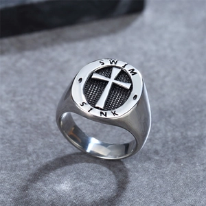 Vintage punk stainless steel signet ring for men with cross relief and Swim Sink engraving