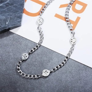 Chic silver titanium steel Cuban chain necklace with emoji smiley faces for women