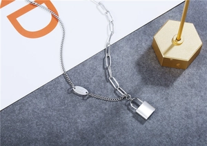 Detail of titanium steel lock necklace with Good Luck engraved tag and mixed chain links