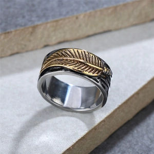 Retro punk titanium steel feather ring with vintage silver and gold leaf texture embossment
