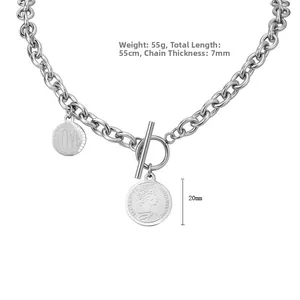 Detail of silver stainless steel chain with OT clasp and 20mm coin pendant