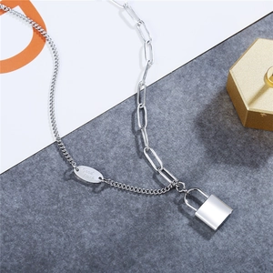 Titanium steel padlock necklace with Good Luck tag and chunky chain in silver tone