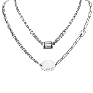 Titanium Steel Double Layered Necklace Cuban Paperclip Chain Engraved Round Plate Cylinder Pendants For Women Silver Color