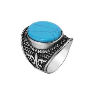 Vintage Stainless Steel Men Ring Large Oval Turquoise Black Onyx Fleur-de-lis Engraved Punk Biker Jewelry Finger Ring