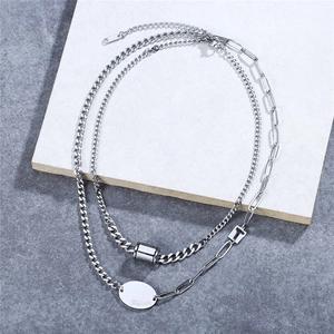 Silver layered stainless steel necklace with engraved coin pendant and cuban link chain