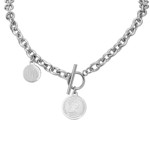 Vintage Titanium Steel Coin Pendant Necklace For Women Toggle Clasp Love Letter Portrait Charm Minimalist Link Chain Jewelry
