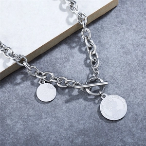 Titanium steel chunky link necklace with OT clasp and dual coin pendants for women
