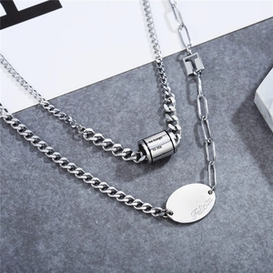 Layered titanium steel necklace featuring Cuban and paperclip chains with round pendants