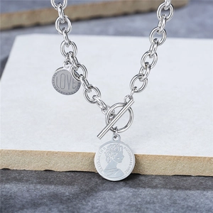 Silver titanium steel T-bar chain necklace with engraved coin and Love pendants