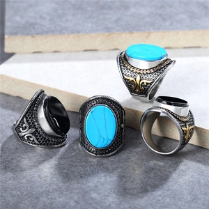 Retro titanium steel men's rings with turquoise and black onyx in honeycomb textured bands