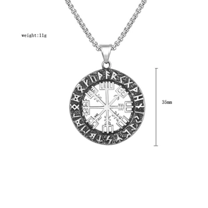 Macro detail of 35mm Viking Vegvisir compass pendant necklace showing weight and size markings