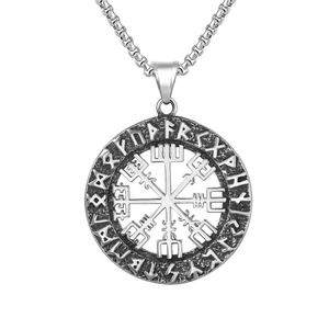 Norse Viking Vegvisir Compass Pendant Necklace Stainless Steel Antique Round Rune Signet Amulet Jewelry For Men Women Vintage