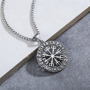 Nordic Viking Vegvisir compass pendant in antique stainless steel on box chain
