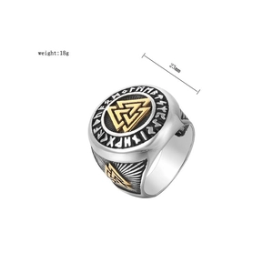 Macro detail of Viking Valknut ring in steel with runes showing weight and dimensions