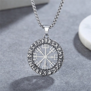 Viking Vegvisir compass pendant necklace with rune circle on square pearl chain