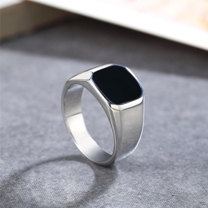Minimalist square black drip glue signet ring for men in silver stainless steel