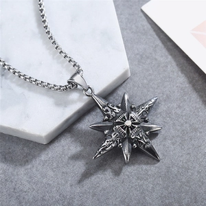 Vintage stainless steel compass star cross pendant necklace for men in antique silver